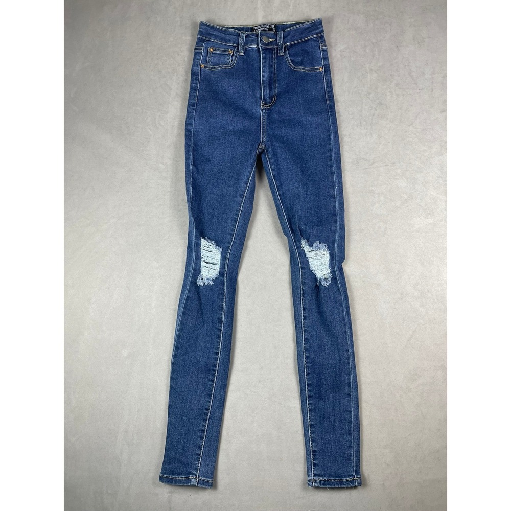 PrettyLittleThing Womens High Waisted Skinny Distressed Knee Jeans Blue US 0